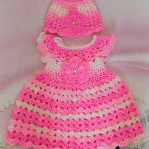 Crochet Baby Dress Handmade, Fits 0-3 Month, Baby Shower Gift, Pink Flower Dress